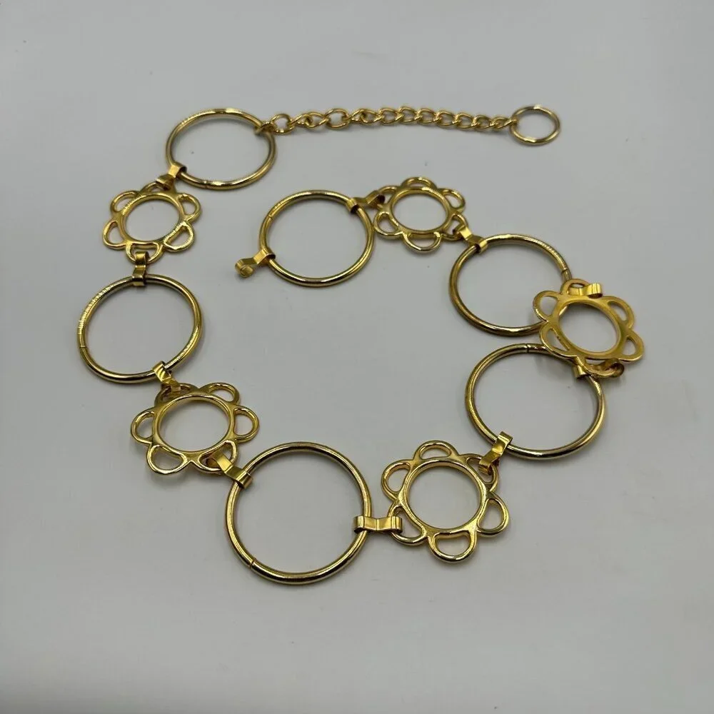Gold Tone Floral Circle Link Chain Belt Adjustable Statement MISSING CLASP